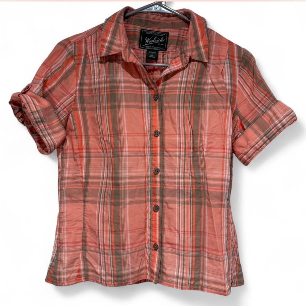 Woolrich Plaid Button-Up Short Sleeve Shirt Orange, Gorpcore Outdoors Cabin core - Picture 2 of 12
